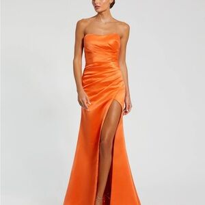 Mac Duggal Strapless Orange Satin Gown with High Slit